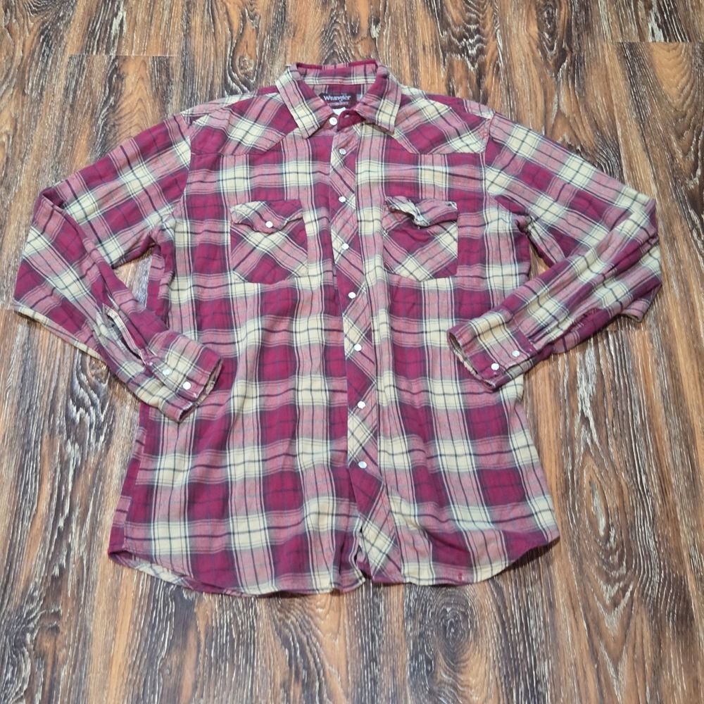 Wrangler LT Flannel Shirt Mens Burgundy Plaid Western Pearl Snap L Tall FLAW